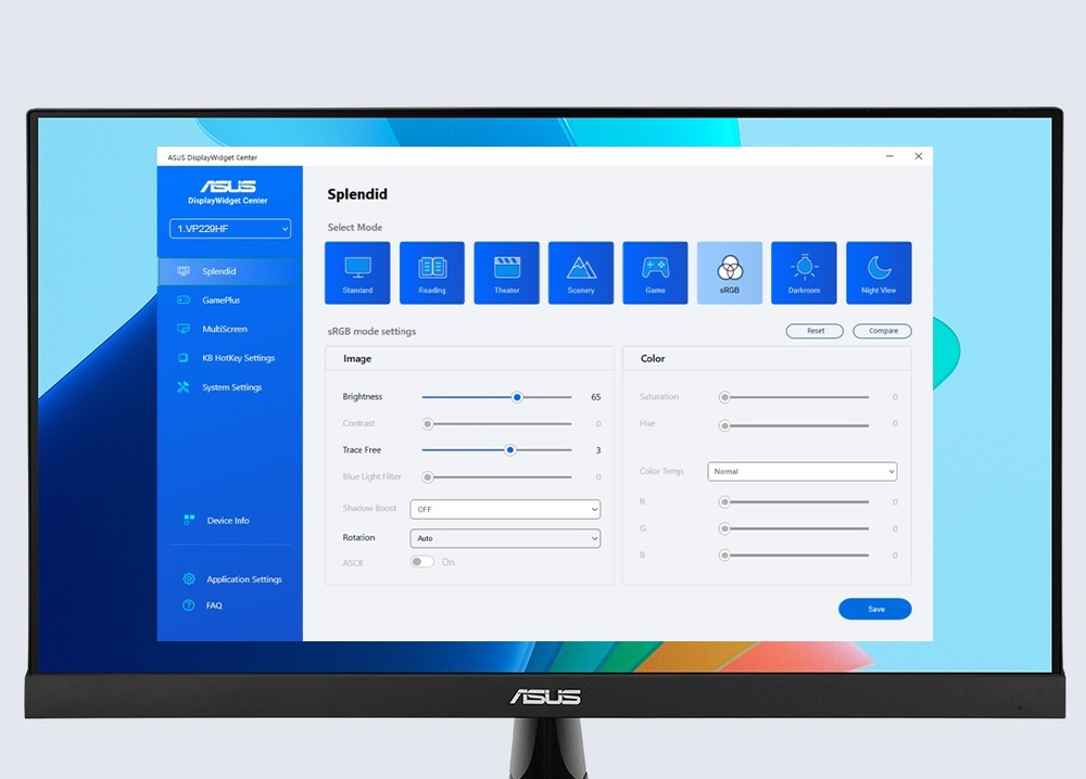 Herní monitor Asus VP227HF černý Monitor zobrazující rozhraní ASUS DisplayWidget Center.