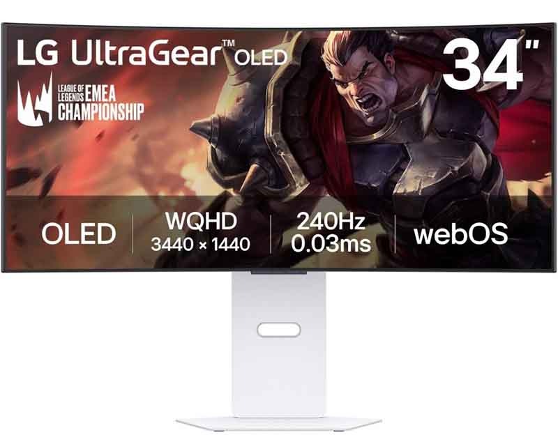 Monitor LG UltraGear 34GX90SA-W v bílo-černé barvě.