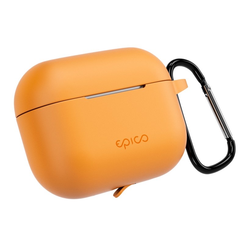 Pouzdro Epico silikonové s karabinou pro AirPods Pro 3 v oranžovém provedení.