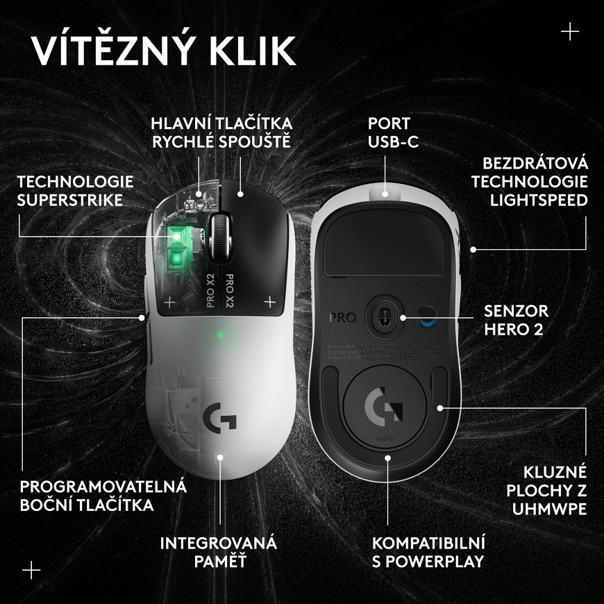 Myš Logitech G PRO X 2 Superstrike bílá Přehled konstrukce myši shora i zespodu s popisem hlavních prvků, bezdrátové technologie LIGHTSPEED, USB-C portu a kluzných ploch UHMWPE