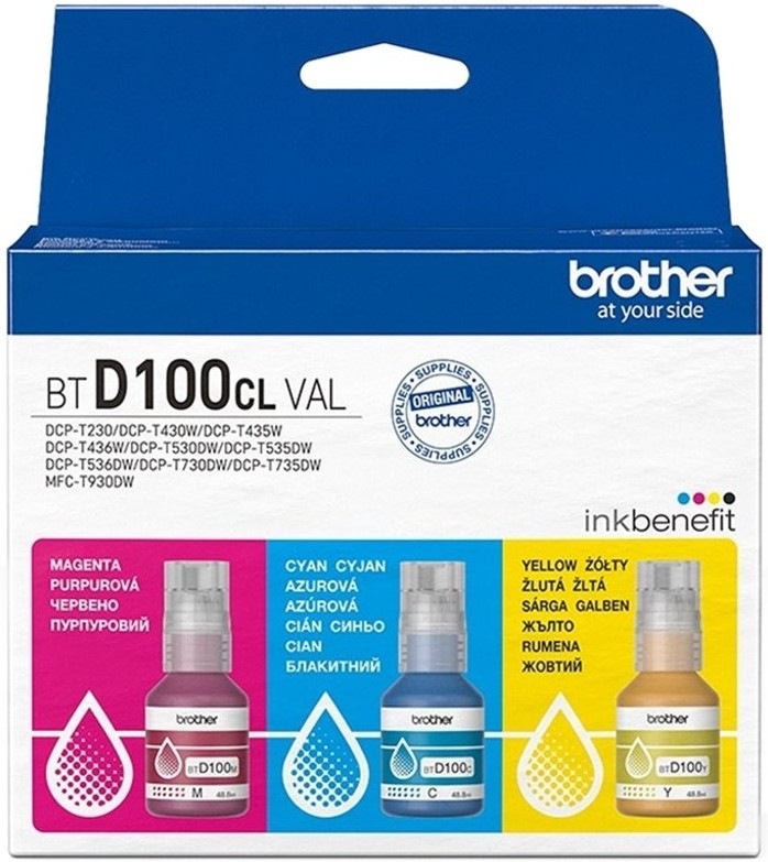 Inkoustová náplň Brother BTD100CLVAL s výtěžností 3× 5 000 stran a barvami CMY