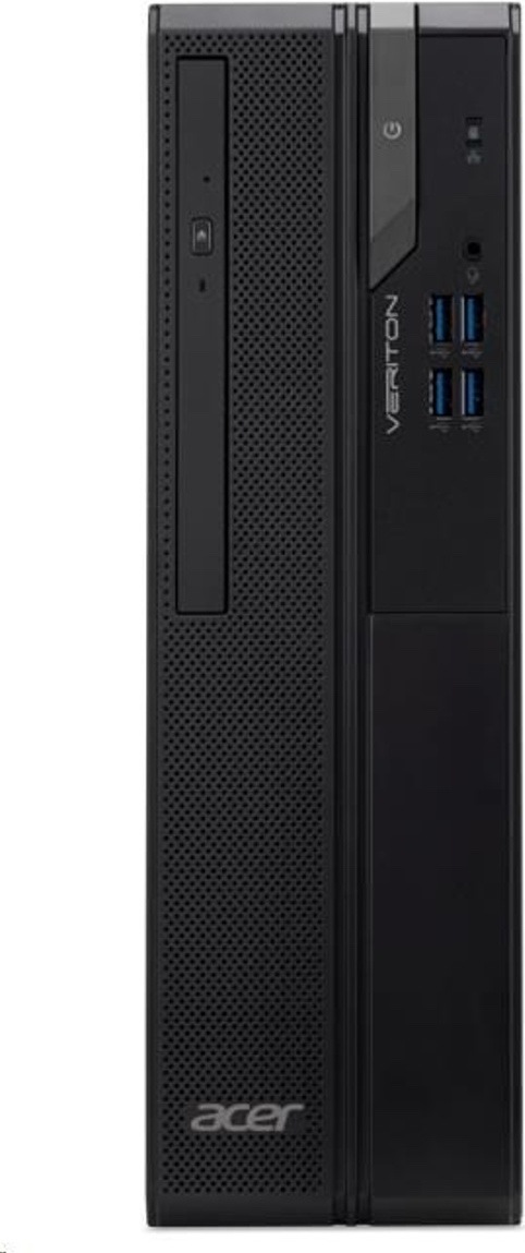 Stolní počítač Acer Veriton X2722G černý Na obrázku je stolní počítač Acer Veriton X2722G i3-14100 v černém provedení z čelního pohledu. Levou část předního panelu tvoří perforovaná mřížka pro proudění vzduchu, svislá optická mechanika a logo Acer ve spodní části. Vpravo je ovládací panel s tlačítkem napájení, 3,5mm audio konektorem a čtyřmi modře označenými porty USB-A. Svislý nápis Veriton podtrhuje jednoduchý kancelářský design počítače.