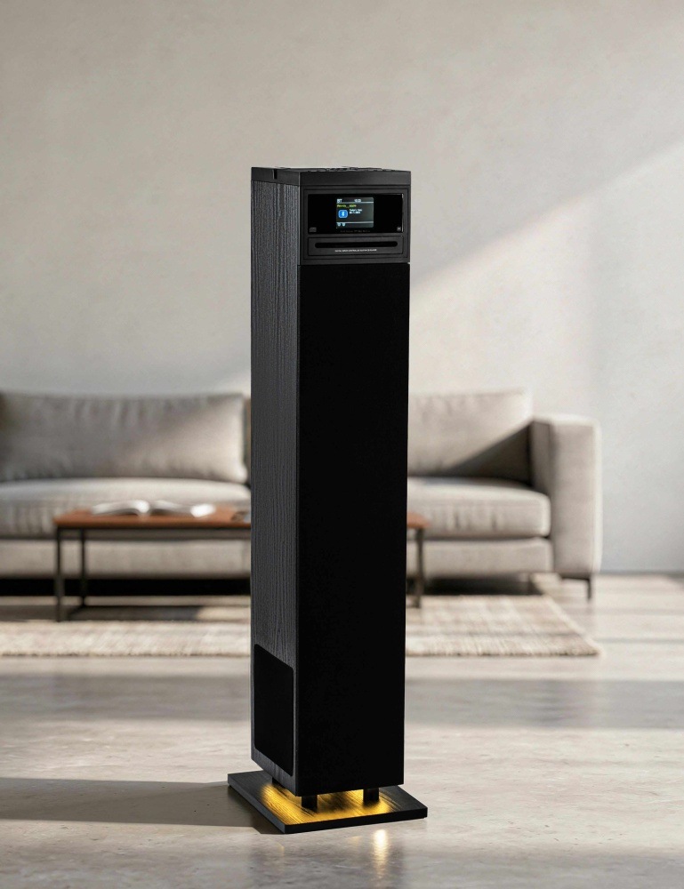 Reproduktor AKAI AEROBEAT PILLAR černý Reproduktor Akai AeroBeat Pillar v minimalistickém interiéru se svítícím podstavcem.
