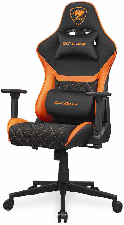 Detail přední části židle Cougar Armor One V2 F s výrazným oranžovým lemováním a polštáři