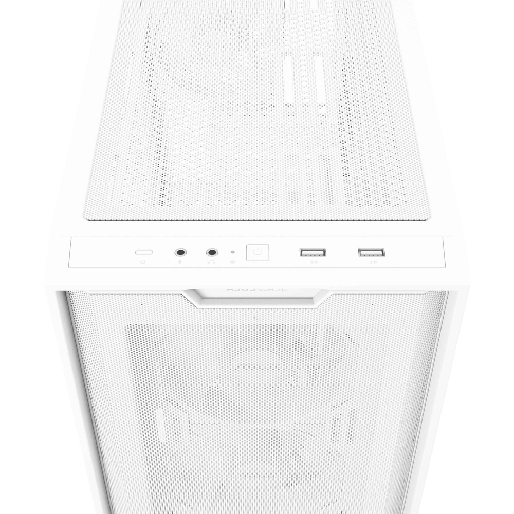 Case Asus A21 PLUS TG ARGB bílá Bílá počítačová skříň s předním a horním panelem ze síťoviny. Skříň je vybavena viditelnými chladicími ventilátory a porty, které jí dodávají elegantní a moderní design.