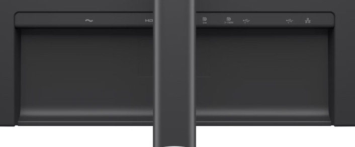Detail spodní zadní části monitoru Dell Pro P2426E se středovým stojanem, dvěma zapuštěnými prostory pro konektory a symboly označujícími jednotlivé přípojky.