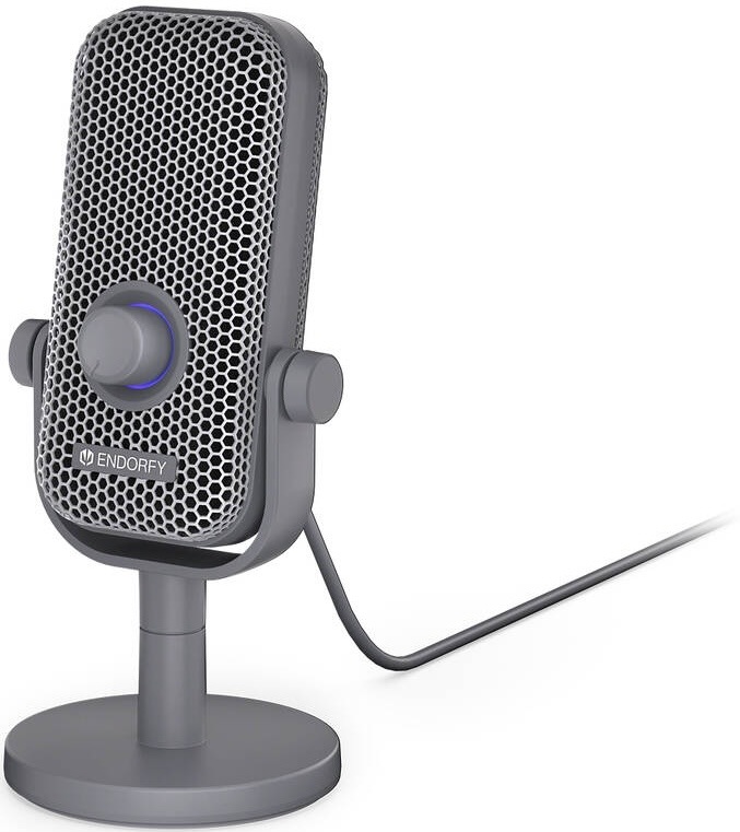 Mikrofon ENDORFY Solum Voice S , pop-up , RGB šedý Pohled z boku na šedý mikrofon Endorfy se stojanem a připojeným USB kabelem.