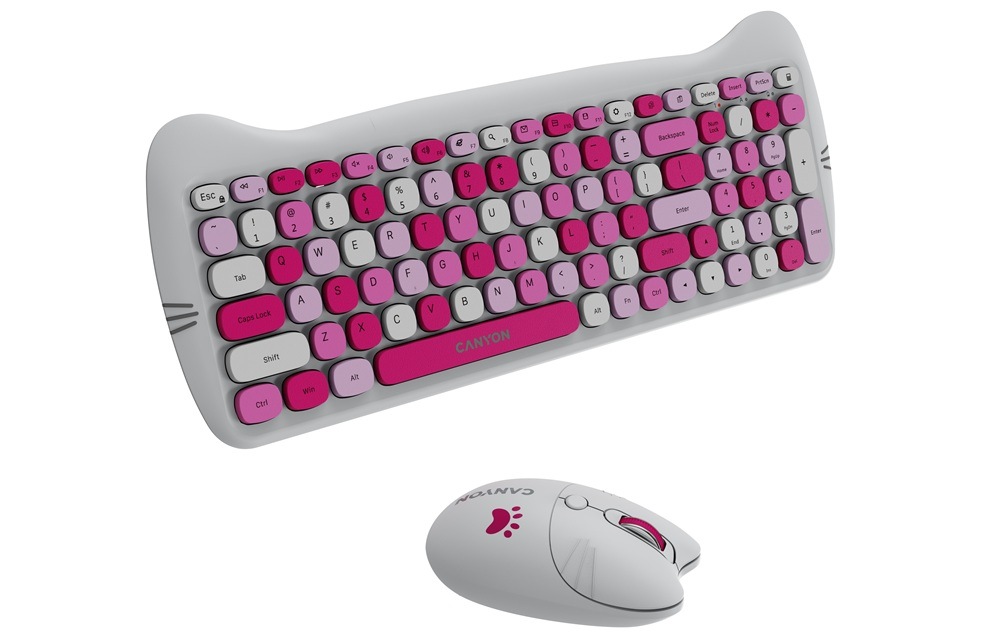 Klávesnice s myší Canyon Kitty edice HSET-W6 bezdrátový set + podložka, CZ layout růžová Klávesnice s myší Canyon Kitty edice HSET-W6 bezdrátový set + podložka, CZ layout růžová