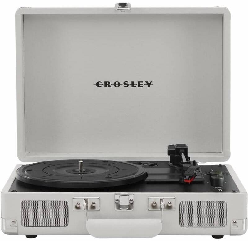 kufříkový gramofon Crosley Cruiser Plus bílý otevřený pohled shora s talířem a raménkem