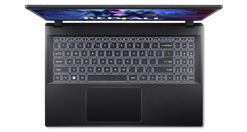Notebook Acer Nitro V 15 (ANV15-52-75ZH) černý Pohled shora na bíle podsvícenou klávesnici notebooku Acer Nitro V 15 (ANV15-41-R6WB)