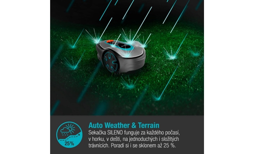 Robotická sekačka Gardena Sileno 15202-32 Robotická sekačka Gardena SILENO minimo 500 seče i v dešti a umyjete ji postříkáním zahradní hadicí.