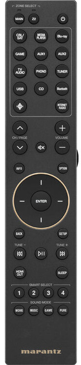 Dálkový ovladač k AV receiveru Marantz Cinema 60 DAB S2 s tlačítky pro volbu zdrojů a nastavení