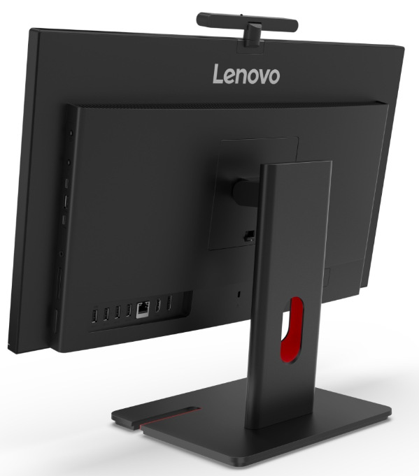 Zadní šikmý pohled na All In One Lenovo ThinkCentre M90a Gen 6 s nastavitelným stojanem