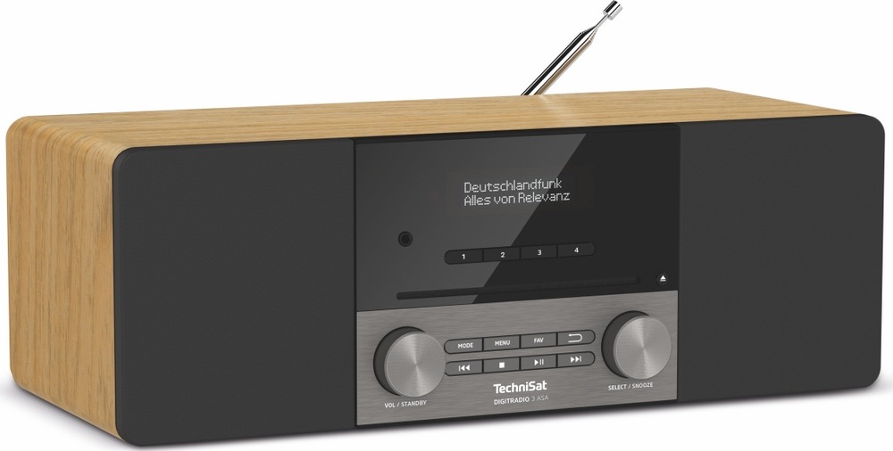 Zadní pohled na hnědý radiopřijímač TechniSat. Uprostřed jsou konektory USB, 3,5mm AUX a napájení, vlevo servisní port a přípojka odnímatelné teleskopické antény.