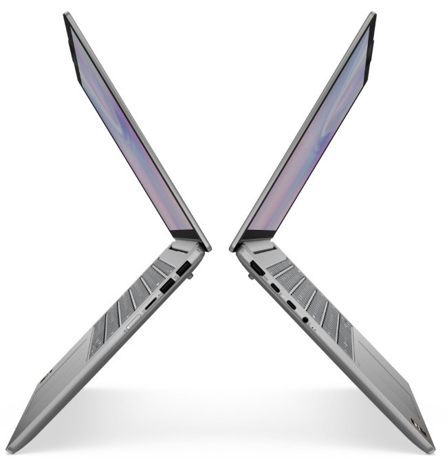 Notebook Lenovo IdeaPad Slim 5 14AKP10 šedý Boční profily notebooku Lenovo IdeaPad Slim 5 14AKP10 se zobrazenými konektory