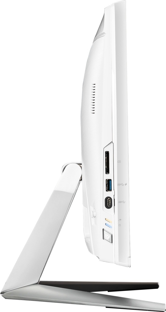 Počítač All In One MSI PRO AP222T 14MA-669EU bílý Detail boční strany bílého All-in-One počítače MSI s USB porty a zapínacím tlačítkem.