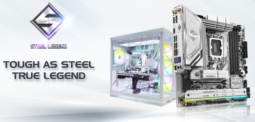 Základní deska ASRock B860M Steel Legend WiFi prezentovaná v herním stylu s důrazem na chlazení a moderní design