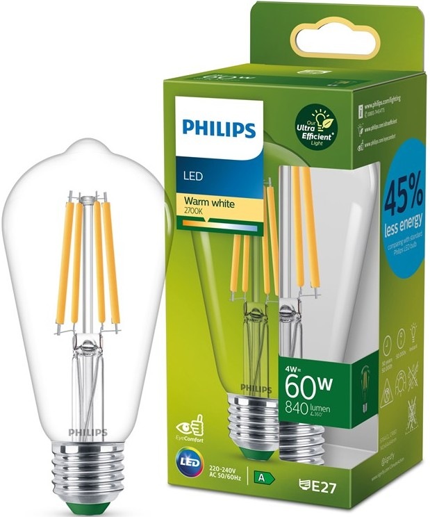 Žárovka LED Philips 60W, filament, ST64, E27, teplá bílá