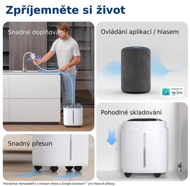 Praktické funkce zvlhčovače Levoit Superior 6000S pro plnění, ovládání a přesun