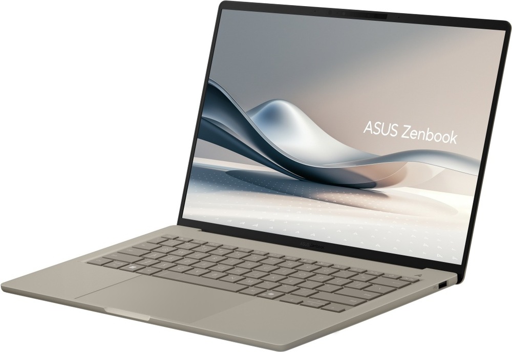 Notebook ASUS Zenbook A14 v otevřené poloze s tenkými rámečky displeje