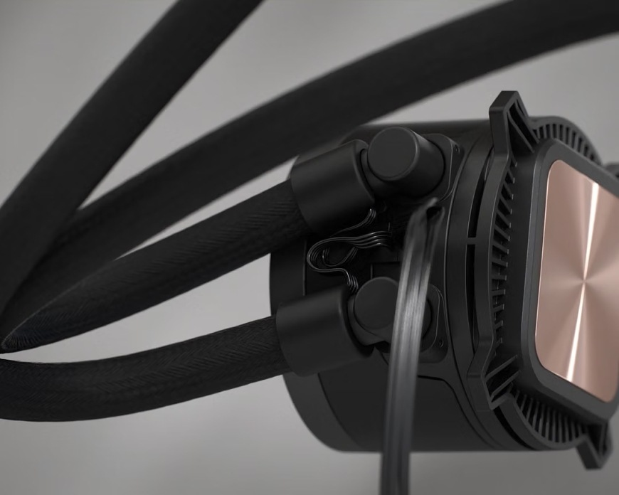 Detail hadic a základny bloku vodního chladiče FRACTAL DESIGN Radius 360 Black