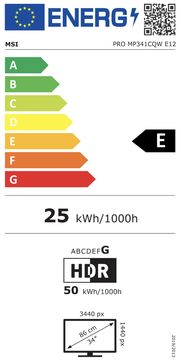 Energetický štítek monitoru MSI PRO MP341CQW E12 s třídou E a spotřebou 25 kWh/1000 h