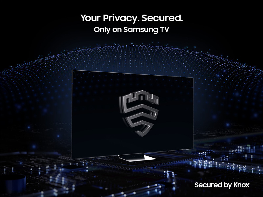 Symbol bezpečnostní platformy Samsung Knox na mírně natočené obrazovce televize Samsung