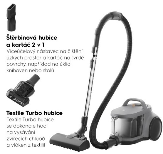 Podlahový vysavač Electrolux 500 EL51A2UG šedý Přehled příslušenství v balení vysavače Electrolux EL51A2UG série 500 Animal – štěrbinová hubice a kartáč 2 v 1 a textile turbo hubice