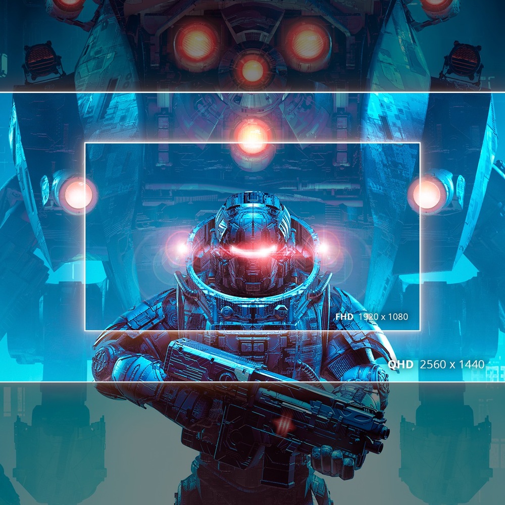 Herní monitor AOC Q24B36X černý Futuristický voják v modré zbroji, drží zbraň a stojí na pozadí masivního robota. Červeně zářící světla evokují sci-fi téma.