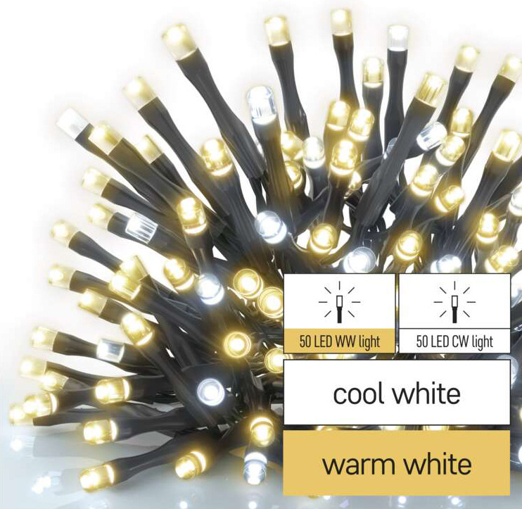 Spojovací řetěz EMOS 100 LED Standard, 10 m, venkovní, teplá/studená bílá, časovač