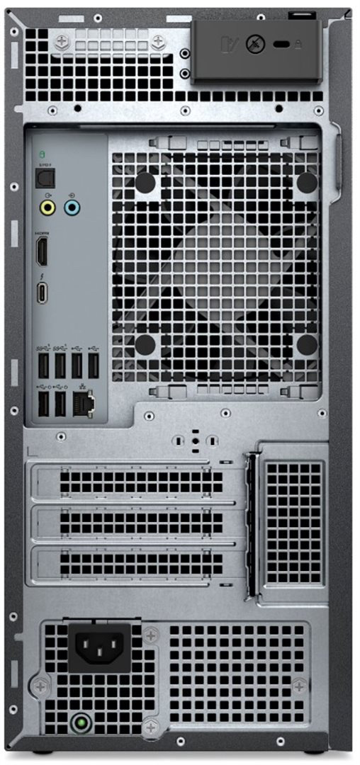 Stolní počítač Dell Tower Plus EBT2250 šedý Snímek zadní strany počítače Dell Tower Plus EBT2250. Na zadní straně potěší Thunderbolt 4 (včetně 4K výstupu) a HDMI s podporou 4K, takže se dobře připojuje monitor i dokovací výbava.