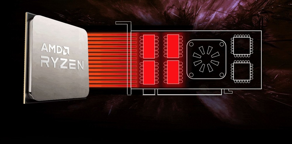 Stříbrný čip AMD Ryzen je zobrazen vedle stylizované grafiky komponent propojených červenými paprsky na tmavém abstraktním pozadí.