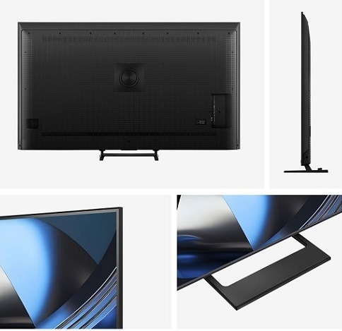 pohled na televizi Hisense z vicerostran. Ukázka, jak je štíhlá a jaký ma stojan