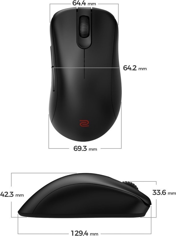 Obrázek ukazuje rozměry bezdrátové myši ZOWIE by BenQ EC1-DW. Nahoře je pohled shora s vyznačenou šířkou těla – přibližně 64,4 mm v horní části, 64,2 mm uprostřed a 69,3 mm v nejširší zadní části. Dole je boční pohled, který ukazuje délku 129,4 mm a výšku profilu – zadní část má 42,3 mm, přední část u tlačítek 33,6 mm. Grafika zdůrazňuje větší ergonomický tvar myši pro pravou ruku.