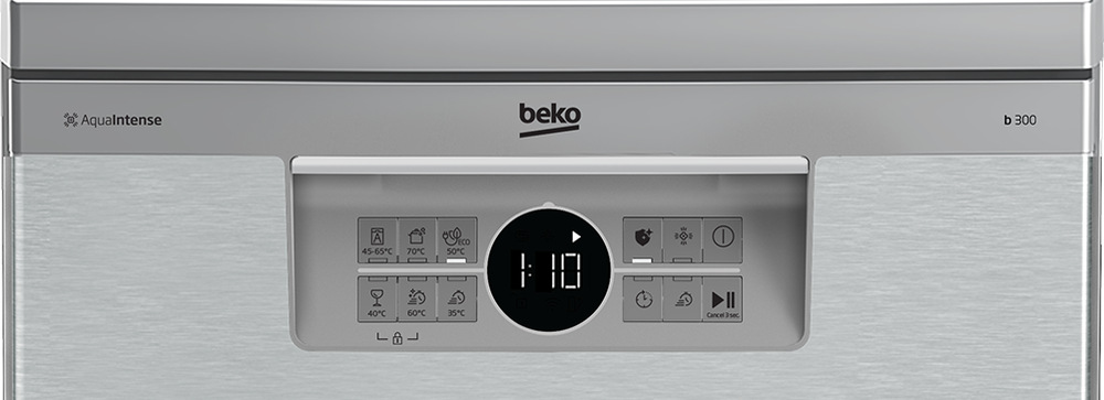 Myčka nádobí Beko Beyond BDFS26020XQ nerez Detail ovládacího panelu myčky nádobí Beko
