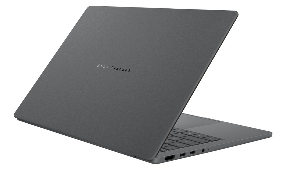 Notebook Asus Zenbook A14 šedý Notebook ASUS Zenbook A14 pootevřený zezadu