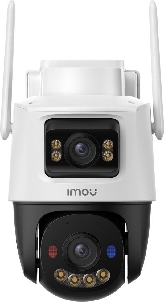 IP kamera Imou AOV Dual v bílém provedení má dvě antény a dvojici samostatných kamerových částí. Horní pevná kamera sleduje prostor před sebou, spodní otočná část umožňuje širší pokrytí okolí. Na obou černých panelech jsou vidět objektivy a přisvětlovací LED diody, spodní část má navíc červené a modré výstražné světlo.