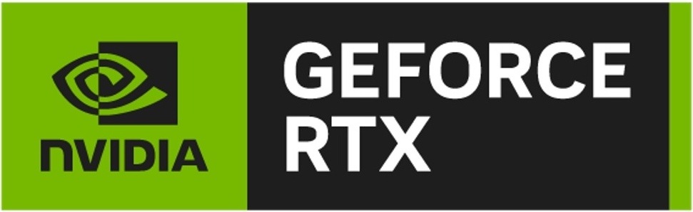 Na obrázku je grafické logo NVIDIA GeForce RTX. Vlevo je zelené pole s černým logem NVIDIA a nápisem „NVIDIA“. Vpravo je černé pole s velkým bílým textem „GEFORCE RTX“. Obrázek označuje použití samostatné grafické karty řady NVIDIA GeForce RTX.