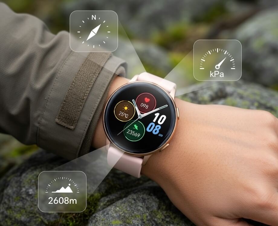 Chytré hodinky Carneo GTR Active HR+ růžové/zlaté Detail smartwatch GTR Active HR+ s kompasem, barometrem i sledováním počtu kroků