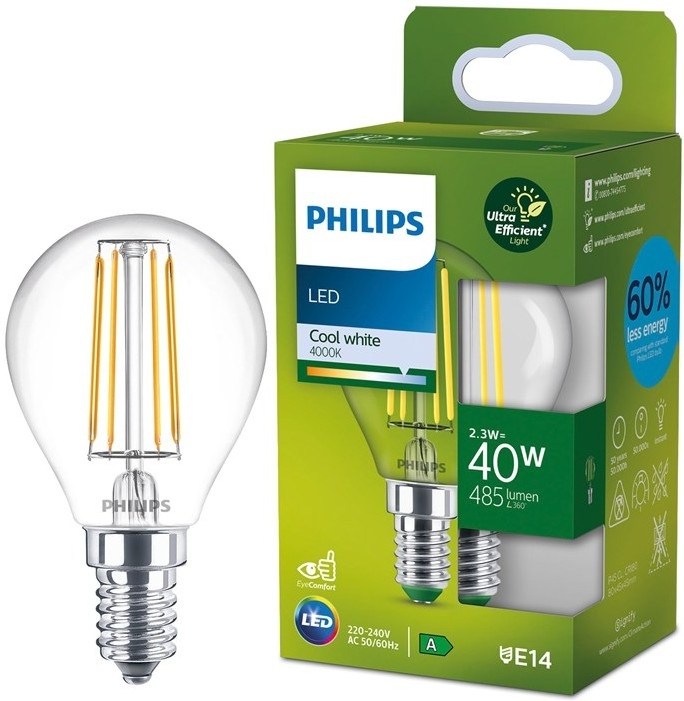 Žárovka LED Philips 40W, filament, E14 vyzařuje neutrální bílé světlo