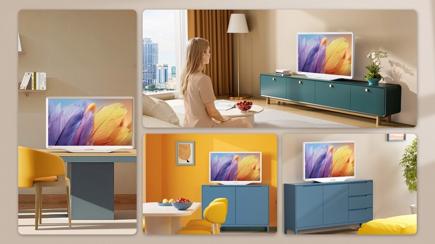 Televize Hisense 32S5Q jako součást moderního interiérového designu v různých prostředích.