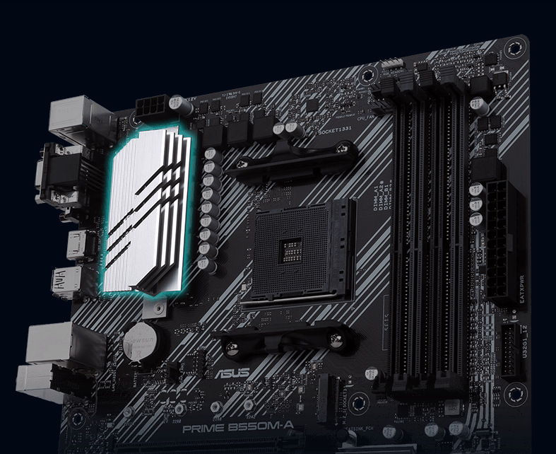 Základní deska Asus PRIME B550M-A Asus PRIME B550M-A spoléhá na efektivní chlazení