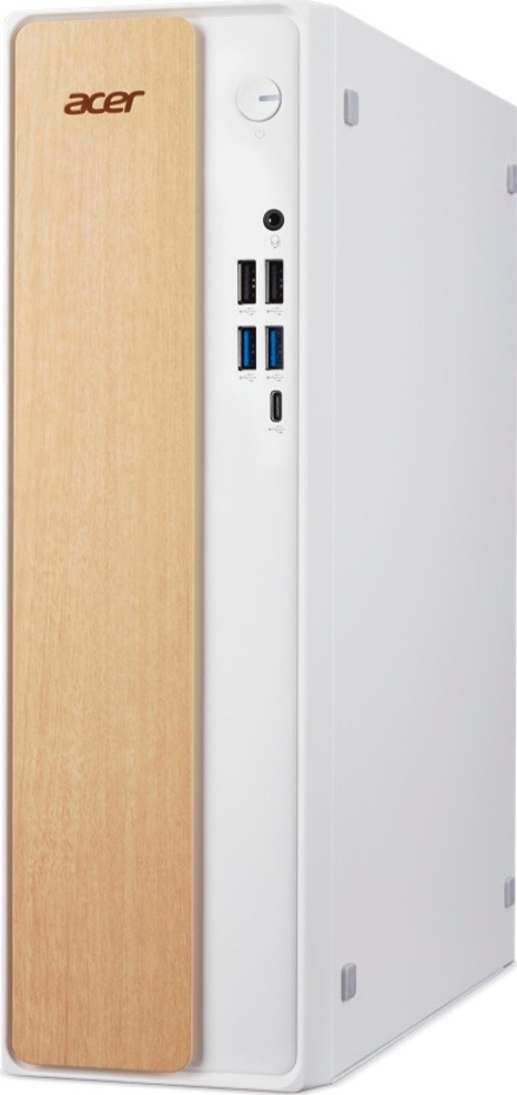 Stolní počítač Acer Aspire XC-102 bílý/hnědý Počítač Acer Aspire XC-102 při pohledu zepředu a zprava. Úzká bílá skříň má výrazný přední panel v dekoru světlého dřeva. Vedle něj se nachází tlačítko napájení, zvukový konektor, čtyři porty USB-A a jeden USB-C.