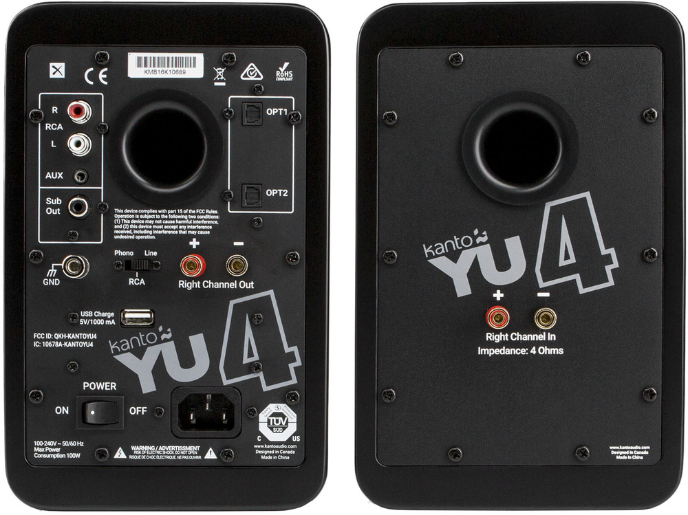 Reproduktory Kanto YU4 (2 ks) černé Zadní panel reproduktorů Kanto YU4 s konektory RCA, AUX a optickým vstupem.
