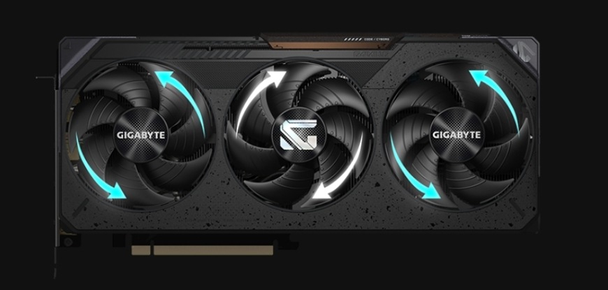 Grafická karta GIGABYTE Radeon RX 9070 XT GAMING 16G černá Průtok vzduchu trojice ventilátorů WINDFORCE u grafické karty GIGABYTE RX 9070 XT