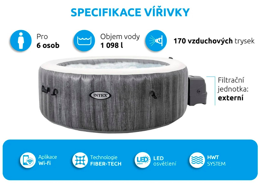 Specifikace vířivky Intex 28442 PureSPA Greywood Deluxe™ pro 6 osob a 170 trysek