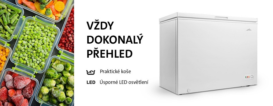 Produktový banner pro pultové mrazáky ETA. Na levé straně je detailní pohled na zamrazené potraviny (hrášek, jahody, růžičková kapusta a lesní plody) v plastových krabičkách, vpravo je zavřený bílý pultový mrazák na bílém pozadí. Text: Vždy dokonalý přehled. Ikony a seznam výbavy: Praktické koše, Úsporné LED osvětlení