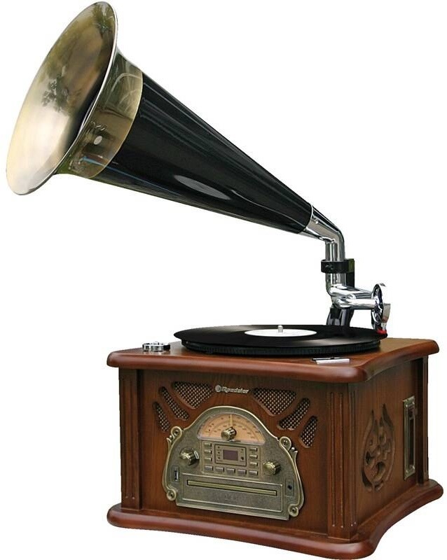 Retro gramofon Roadstar HIF-1850TUMPK v dřevěném dekoru s černým mosazným zvukovodem