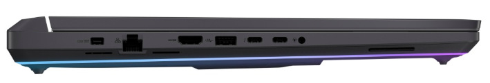 Boční panel notebooku s porty RJ45, HDMI, USB-C a napájecím konektorem