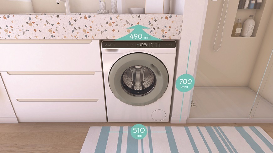Pračka Candy CW50-BP12307GU-S bílá CW50-BP12307GU-S pračka v místnosti a její rozměry